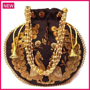 Velvet Embroidered Potli Bag Drawstring Clutch Wedding Gift Purse